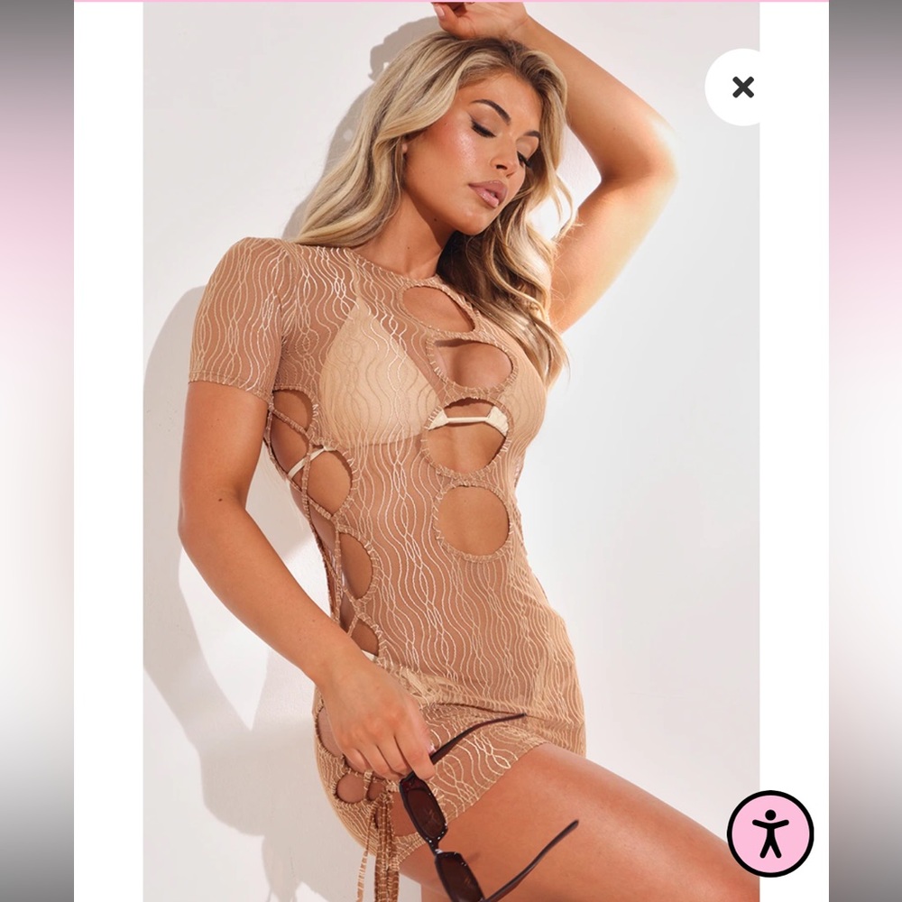 PLT Gold Textured Mesh Cut Out Mini Beach Dress
